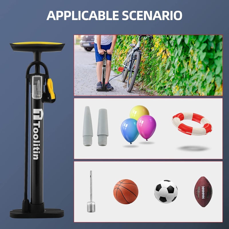 TOOLITIN Bike Pump Portable Floor Bicycle Tires Air Pumps with Presta and Schrader,Multifunctional Ball Needle, for Mountain and Road Bikes Tires, Ball Pump - Image 4